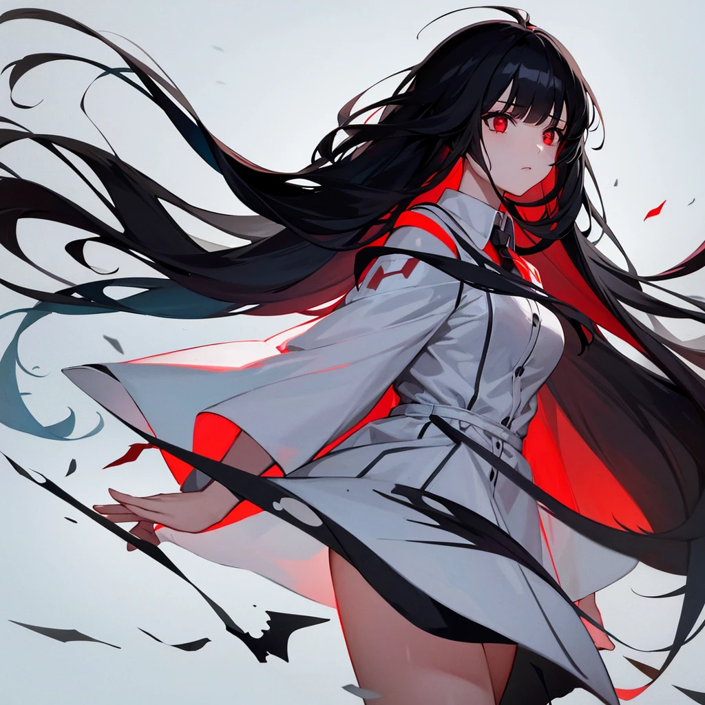 One girl, Long Hair, High resolution, Gaze, Food, Black Hair, Simple Background, Illustration, Hair blowing in the wind, Deco bangs, Red eyes, Sad, cool