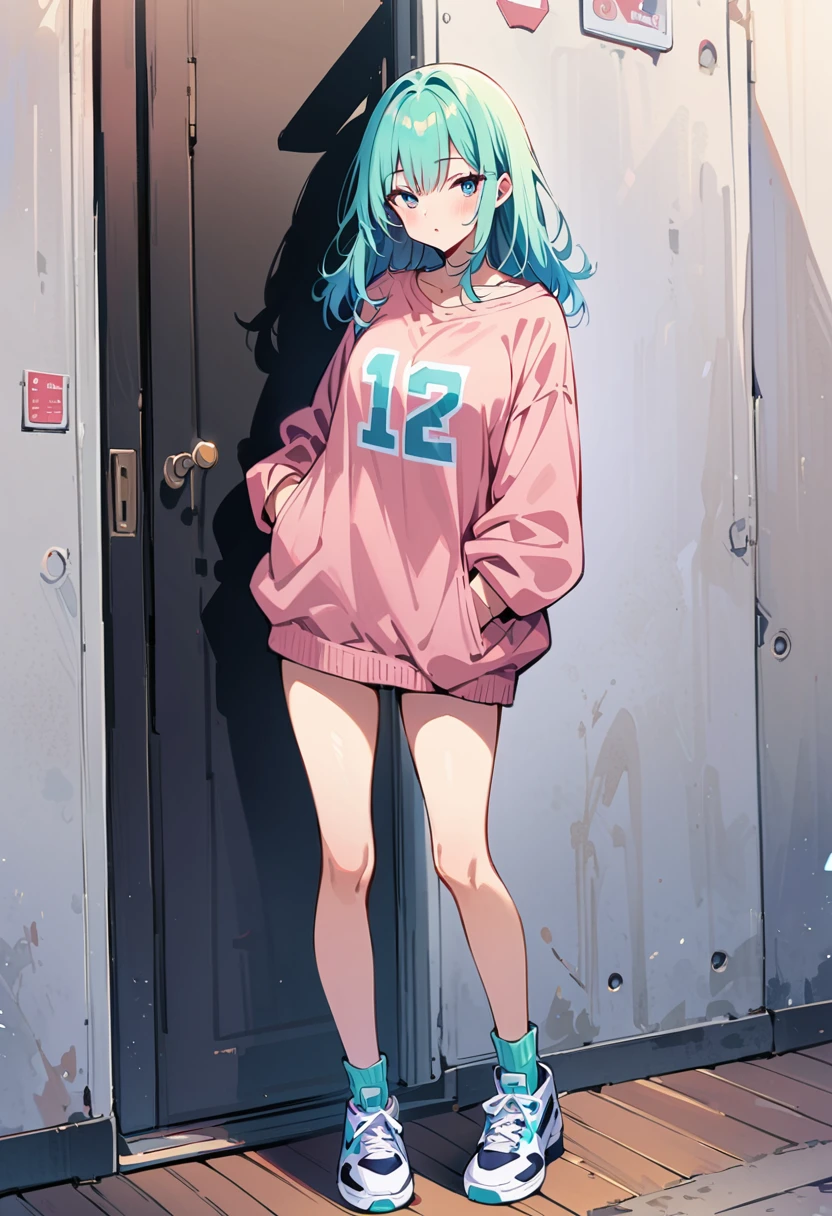 (masterpiece, Highest quality:1.2), 1 sexy woman, alone, A loose fitting jumper, short, Basketball Shoes, Ankle socks, whole body, pastel colour