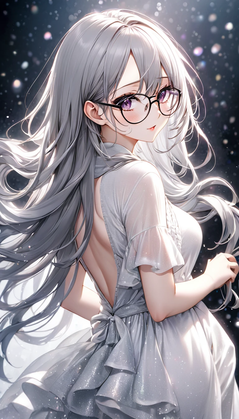 looking back, beautiful woman, silver-rimmed glasses, silver fluffy two side up messy wavy long hair, make-up, wearing white dress made of thin knit fabric, amorous and lewd expression, great Proportions, glitter effects, foggy filter effects, 2.5D, delicate and dynamic
