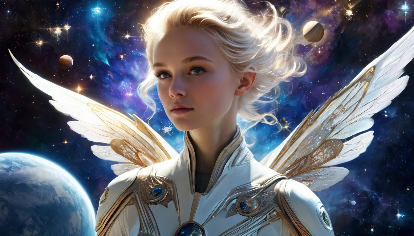 An albino-alien human in open space. A dash towards the stars. A fantasy flight, a fall. Spectacular. Light. Radiance. Speed. The inertia of time in space. Cosmic races in free flight. Long white hair. Shine. Galaxy. Others. Pleiades. Beautiful tender faces. Emotions of admiration. Hyper-realism. Men. Grace of fast speed through the constellations of the Pleiades. Emotion of excitement. Sporty racing protective gear. Fairy-tale hyper-realistic eyes shining brightly. Catching a star with hands.