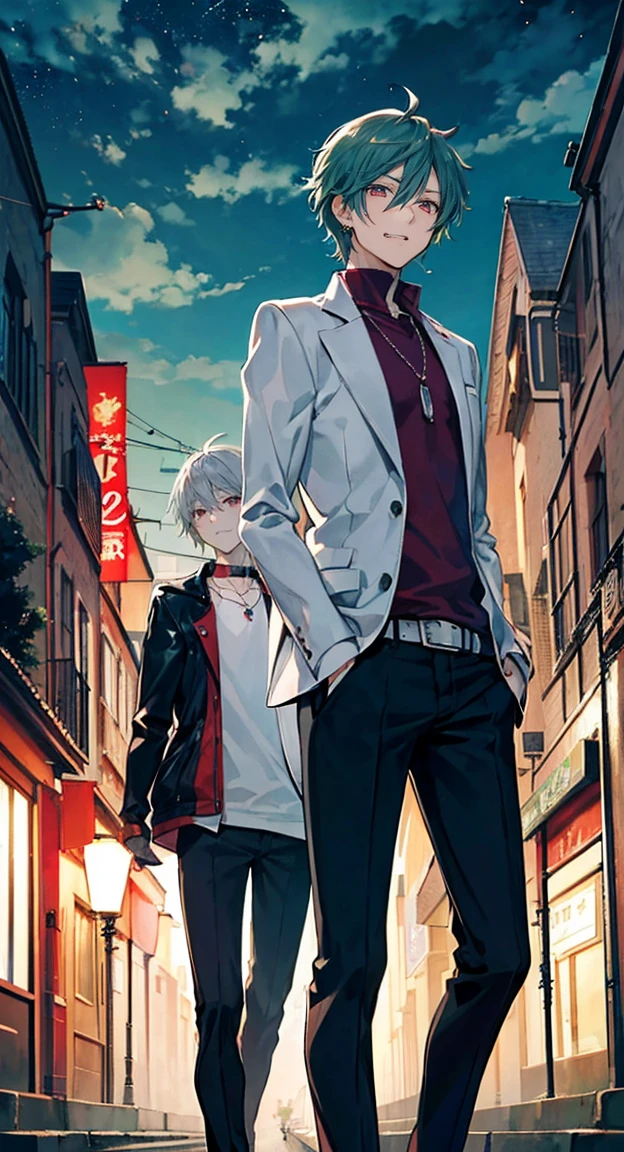 High resolution, High resolution,2D Anime Style,,Cool guy,Mature,,30th Generation,short hair,Silver Hair,Red eyes,Beautiful Watches,Beautiful earrings,Beautiful Necklace,Cool Fashion,He is laughing a little,night,walk,Put your hands in your pockets,Green Hair