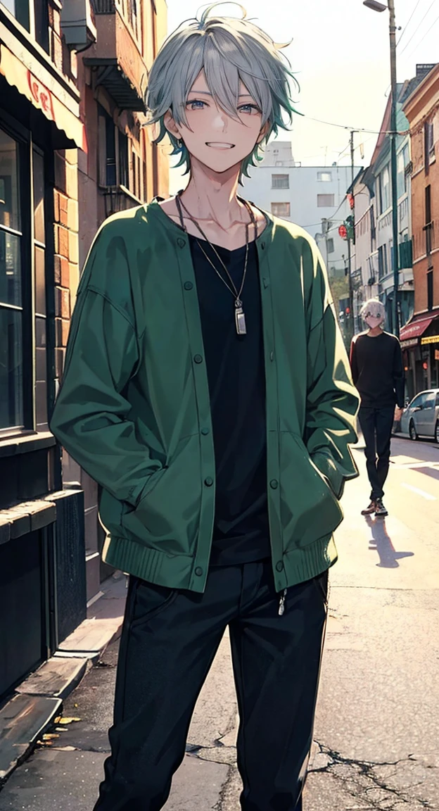 High resolution, High resolution,2D Anime Style,,Cool guy,Mature,,30th Generation,short hair,Silver Hair,Red eyes,Beautiful Watches,Beautiful earrings,Beautiful Necklace,Cool Fashion,He is laughing a little,night,walk,Put your hands in your pockets,Green Hair