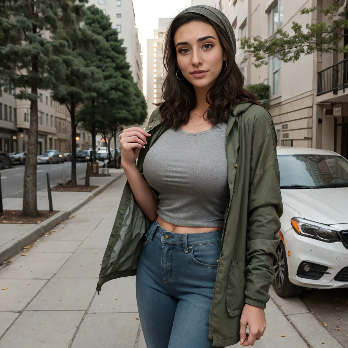 Extremely busty thin and toned brunette photographer, college girl, fair skin, loose side sweep, soft face, athletic, tight olive green casual windbreaker, skinny jeans. standing in front of her apartment building, outdoors, city, camera bag, shoulder strap