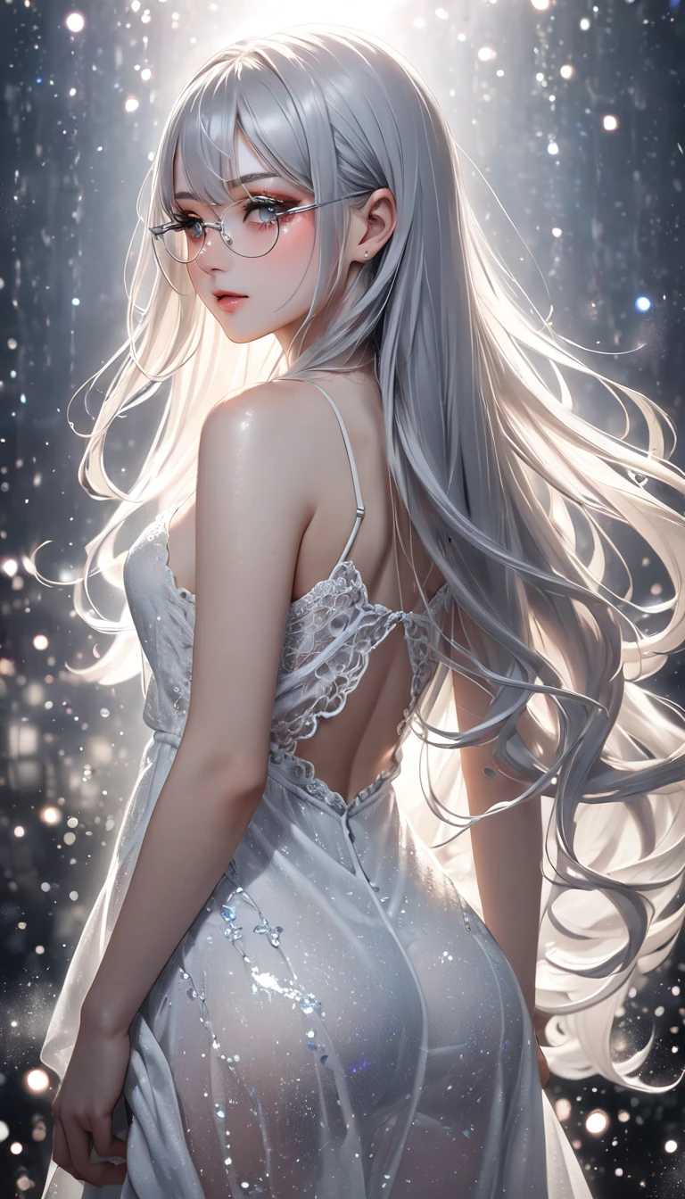 looking back, beautiful woman, silver-rimmed glasses, silver fluffy two side up messy wavy long hair, make-up, wearing white dress made of thin knit fabric, amorous and lewd expression, great Proportions, glitter effects, foggy filter effects, 2.5D, delicate and dynamic