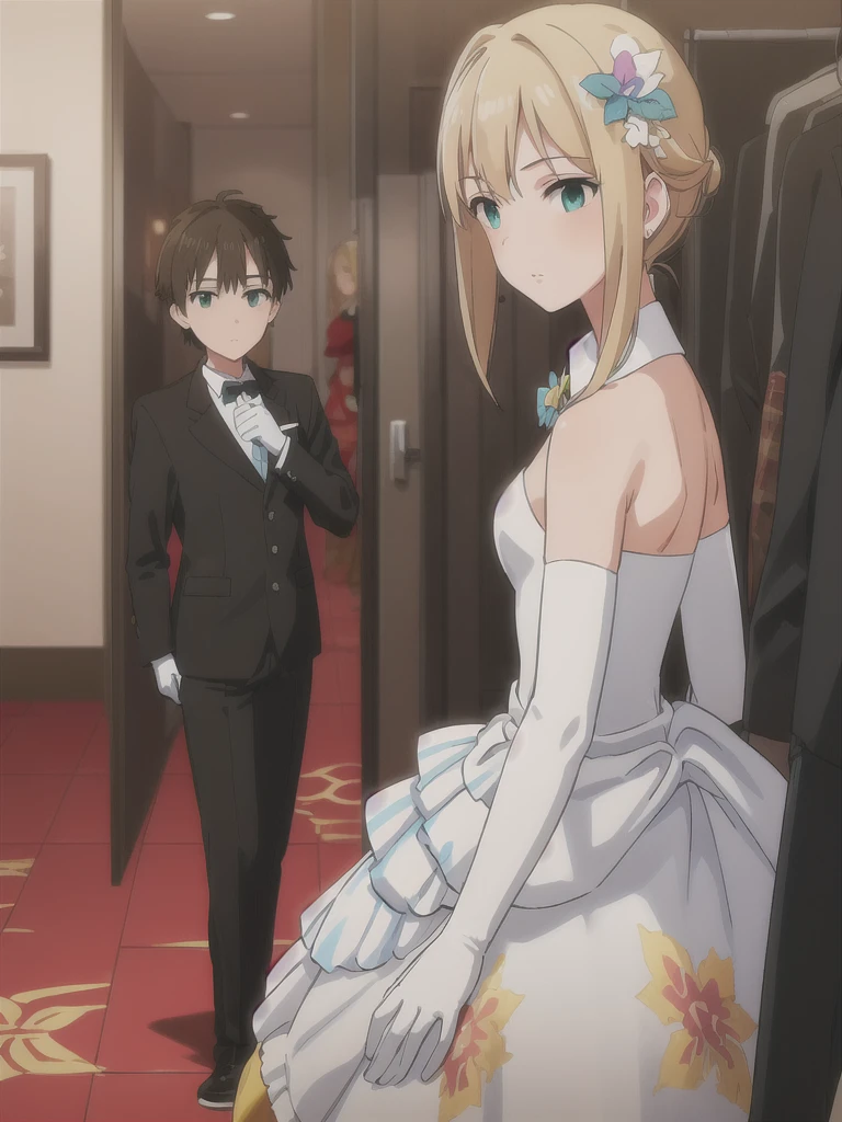 (in hotel, masterpiece, best quality:1.2), 1girl, modify body, waving hair, ((elbow gloves)), wedding ceremony,
BREAK
1boy, handsome, blond hair, gorgeous suit