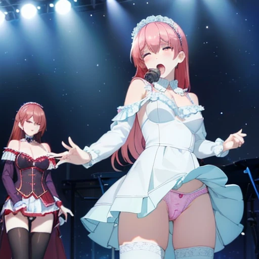 (two adult women:1.3)、exact number of fingers、Exact number of legs、Exact number of arms、bangs, ribbon ponytail, brown hair, (blush:1), (Two women put one hand in their panties:1.8), fingering, (pussy juice:1.2), cum in mouth, (two women are singing with microphones:1.5)、white and navy idol costume、That costume includes a navy blue idol-style corset., That costume has a ribbon on the collar.、The costume covers the shoulders, sides, upper arms, and arms., That costume only opens wide at the chest.、high socks、white idol style skirt, (Detailed and luxuriously decorated underwear:1.3), Ribbon at collar, (Light blue horizontal string lace panties with a lot of lace:1.3), Light blue lace bra:1.2), sexy underwear, Thighhighs、 beautiful big breasts, (erect nipples:1.2), the skirt is turned up、highest quality, High resolution, (detailed and beautiful eyes:1.6), highly detailed face, perfect lighting, Very detailed CG, (perfect hands, perfect anatomy),embarrassed expression、The expression that you are holding back from going to the toilet, (sexual pleasure expression:1.4), (expression of agony:1.2)、close your eyes、sexy look、look upward、mouth half open、Climax、(live stage、a lot of spectators:1.5)、Mike stand、whole body