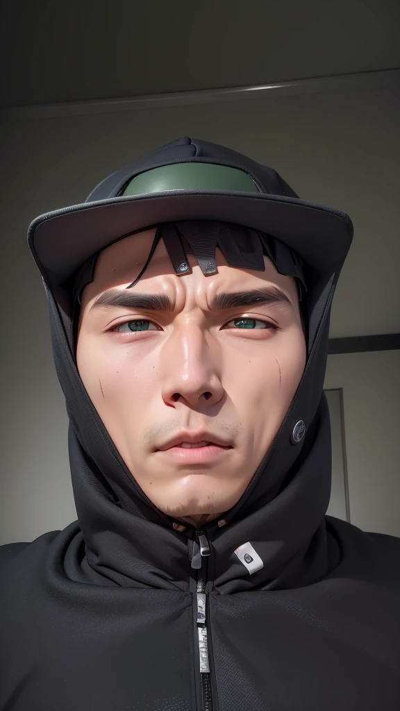 ((8k Resolution)) (( Uciha Obito)), 1boys, Asian face, Uciha Obito, uyu right rinengan, eye left sharingan, black Hoodie, green cap, Realistic, Ultra detail,