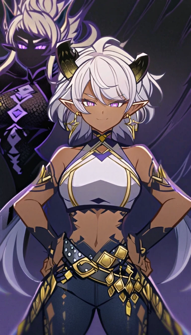 Dark-skinned tomboyish woman, black dragon horns on head, short puffy silver hair, violet eyes, long pointy ears, dragon scales on body, gold earrings, calm smirk, white cropped halter top, dark blue jeans, black and silver studded belts, jean chains, hands on hips, powerful pose, dark gradient background, detailed face, 1girl