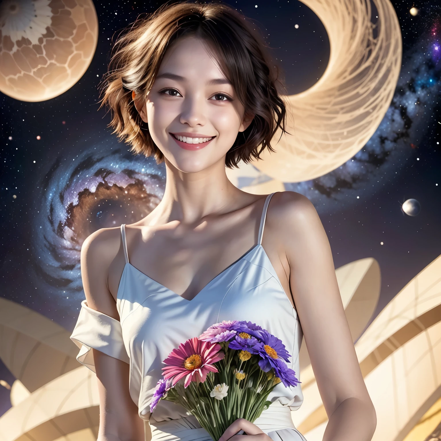258 19-year-old female, (short hair),(Abstract background,universe), smile, flower
