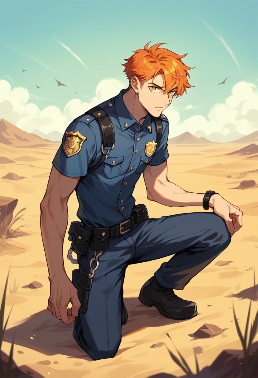 Male black police suit, solo, orange hair, yellow eyes, short hair, desert, smiles