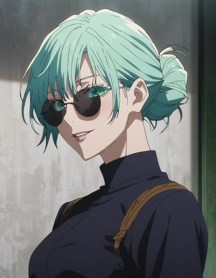 1girl, female gojo satoru, anime screencap from jujutsu kaisen, gojo satoru female version, solo, long_Green hair, hair strands, hair bun, black round sunglasses, Green Eyes, parted_lips, smiling, looking_at_viewer, perfect background, indoors, side view, white_hair, bangs, eyelashes, (blackless outfit), hair_between_eyes, floating hair, (hair strands)