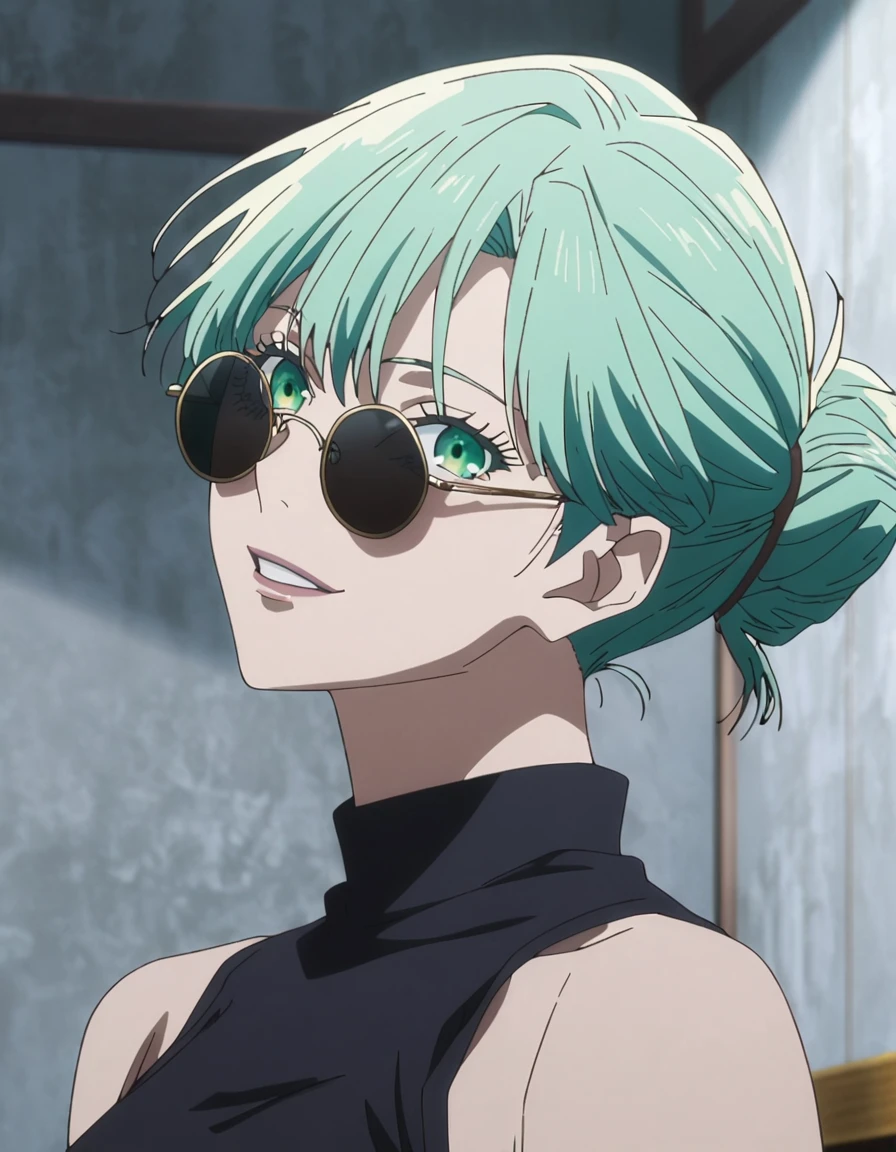 1girl, female gojo satoru, anime screencap from jujutsu kaisen, gojo satoru female version, solo, long_Green hair, hair strands, hair bun, black round sunglasses, Green Eyes, parted_lips, smiling, looking_at_viewer, perfect background, indoors, side view, white_hair, bangs, eyelashes, (blackless outfit), hair_between_eyes, floating hair, (hair strands)
