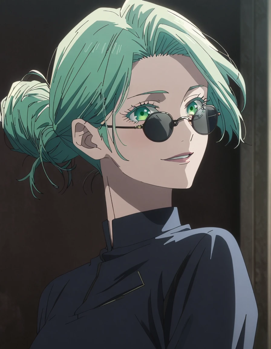 1girl, female gojo satoru, anime screencap from jujutsu kaisen, gojo satoru female version, solo, long_Green hair, hair strands, hair bun, black round sunglasses, Green Eyes, parted_lips, smiling, looking_at_viewer, perfect background, indoors, side view, white_hair, bangs, eyelashes, (blackless outfit), hair_between_eyes, floating hair, (hair strands)