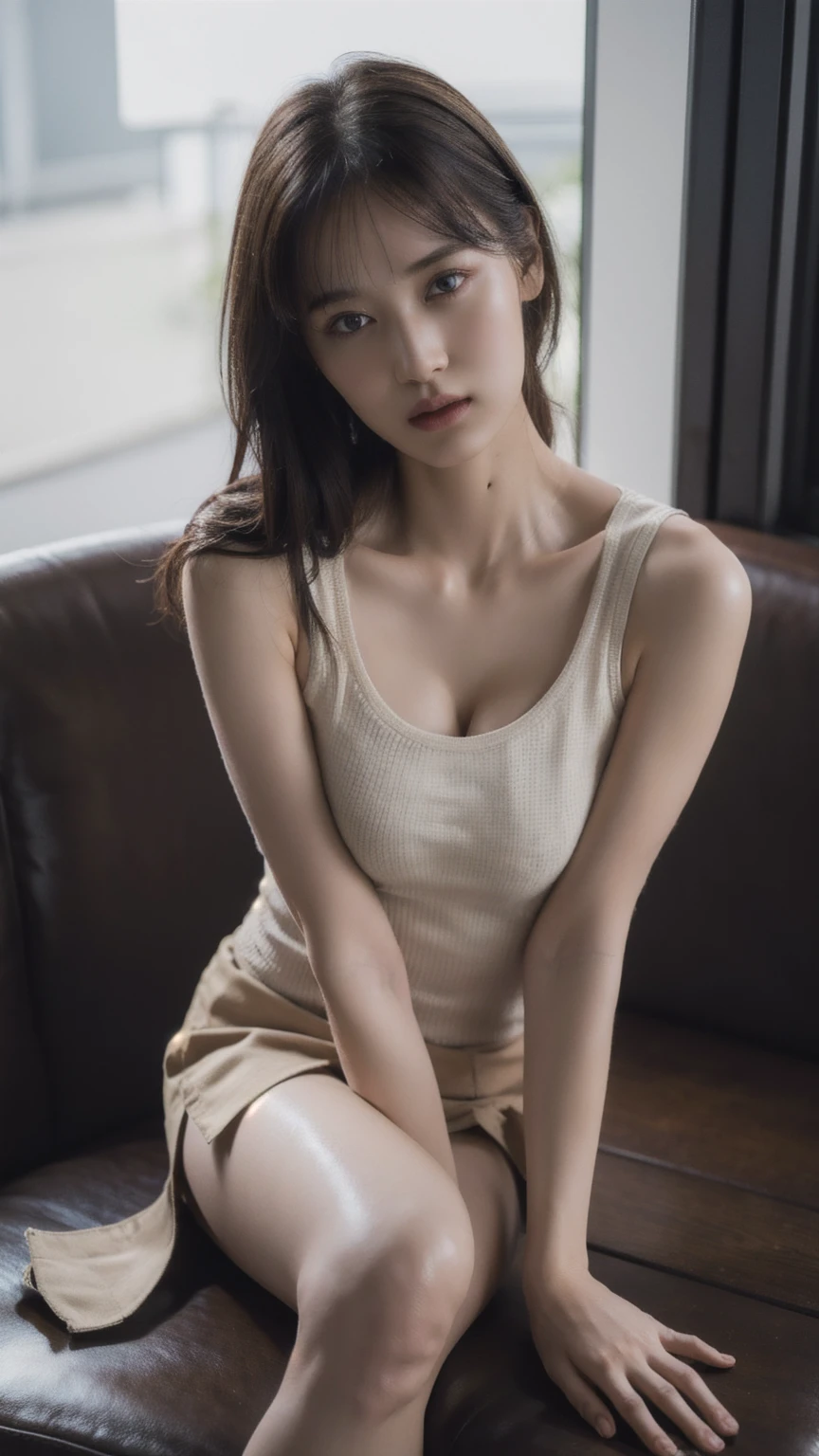 1girl, woman, masterpiece, best quality, highest quality, cinematic lighting, (volumetric lighting), extremely detailed CG unity 8k wallpaper, focused, 8k wallpaper, extremely detailed, ultra realistic, photorealistic, sharp focus, absurdres, (HDR:1.2), (high contrast), photograph, detailed and intricate, instagram, portrait, highly detailed, digital painting, artstation, concept art, smooth, sharp focus, illustration, cinematic lighting, (natural tight breast), (whole body:1.3), ((knit strap tank top)), (sitting and crossed legs on a bench), (beautiful thighs), short skirt, (full body), looking at the viewer, thighs, (HQ skin:1.4).