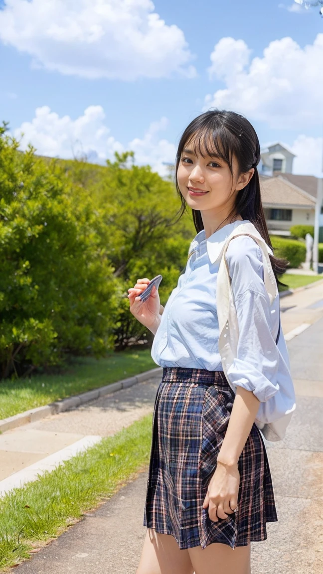 Drawing from below:2.53,One Girl、Beautiful and detailed eyes and face、barefoot、Cute 16 year old Japanese girl, ((Extremely precise and accurate anatomy:1.0)), (photo Realistic:1.4), (hyper Realistic:1.4), (最高品質のRealisticな肌の質感:1.4), (Improvement of quality:1.4), (Enhances the beauty of skin texture:1.1), Clean and glowing skin, mesh, thin:1.2, (Realistic:1.3), Realisticなライティング, (Smoother lighting:1.05), (Improving the quality of cinema lighting:0.9), Backlight, A gentle light for your face, Ray Tracing, (Bright light:1.2), 32K, One Japanese woman, fine grain, Detailed face, (Film Grain:1.1),(Accentuates body lines:1.1), High resolution, Natural look, Kind eyes, Improves hair quality, Delicate light and shadow, Graceful pose, Sharp details, Soft light reflection, Beautiful contours, Delicate skin tone, Fine hair texture, Natural background, (((sunnyた日、School Area、A strong wind is blowing、Her hair and skirt are flying、 Open shirt、Pleated skirt、stroll:1.25、Light of the sun、sunny、stage、Blue sky and white clouds、The joy of youth)))、