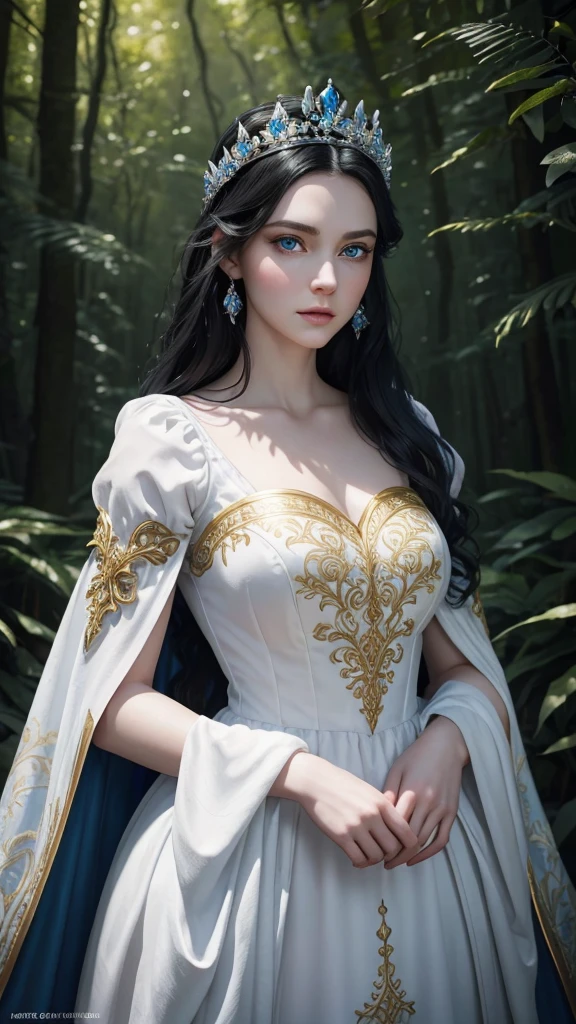 1girl,disney princess snow white,hyper realistic,detailed face,intricate details,beautiful blue eyes,delicate facial features,flowing raven black hair,porcelain skin,elegant white dress,ornate crown,standing in a lush forest,warm golden lighting,vibrant colors,photorealistic,8k,highly detailed,studio quality