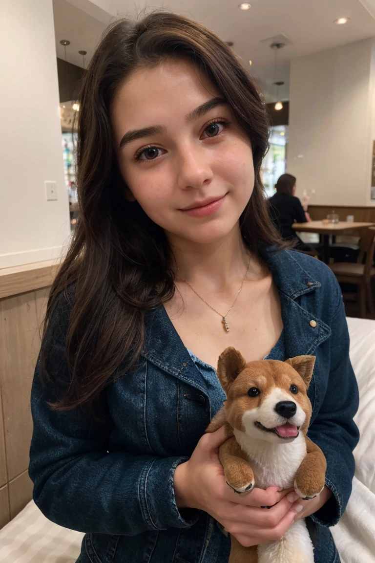 create ultrarealistic, hyperdetailed, anatomically correct 13 year old girl (by the cafe, Beautiful, innocent, medium bust, small) upper body selfie from hand (Frontal camera) in bed with a stuffed dog, wearing a black sweater and a jean jacket 