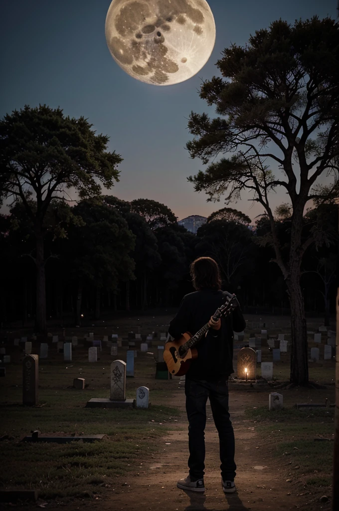 skull. standing on the grave. playing the guitar. evening. full moon. there are dry trees. photo from afar.