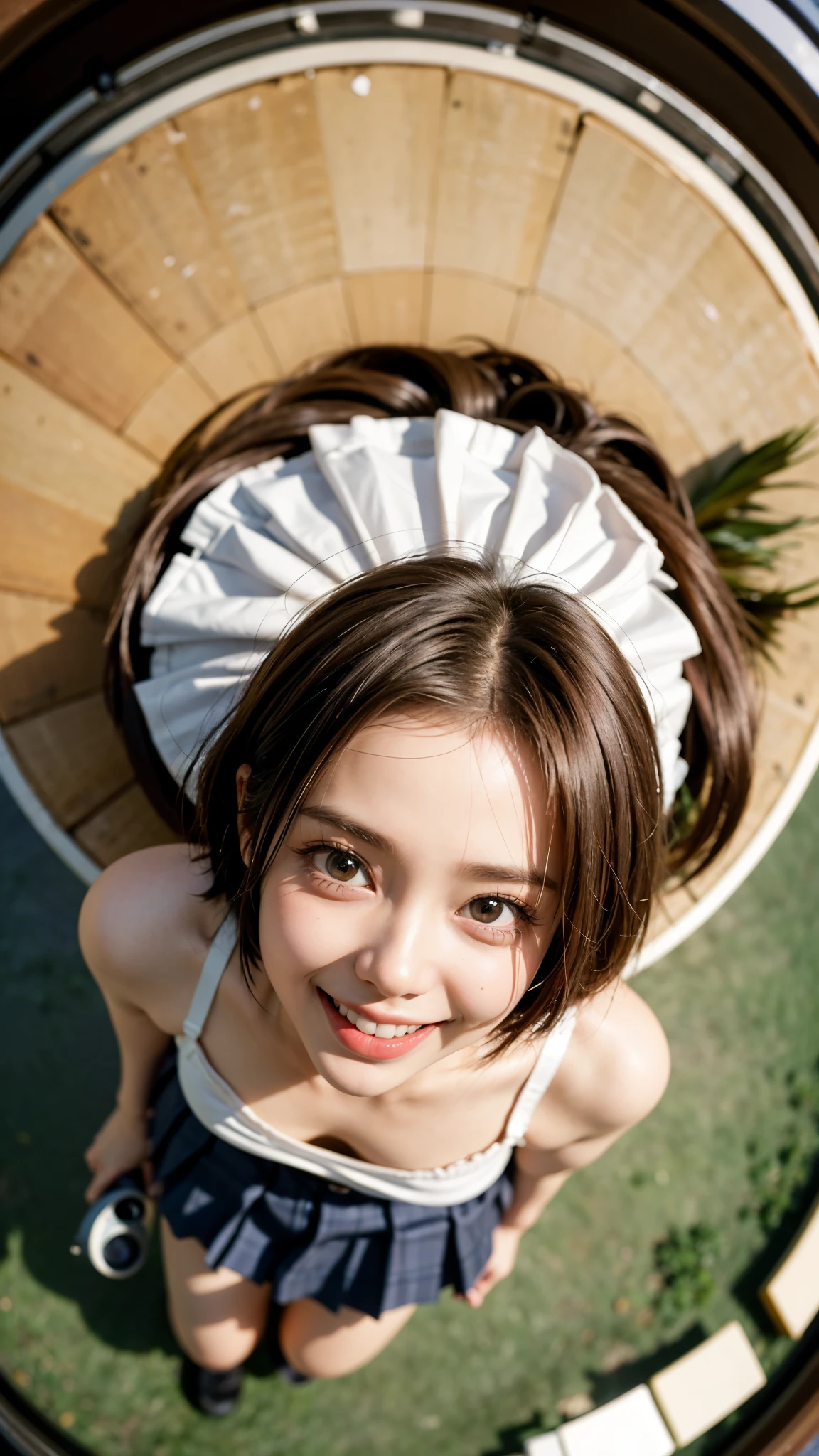 Highest quality, masterpiece, Ultra-high resolution,8k, (Realistic:1.6), (Sunny outdoor portrait:1.4) RAW Photos,((Uniqlo bra top and pleated mini skirt)),((Nipples seem to be visible)),((Full body photo)),1 person,Omotesando,A slender adult 26-year-old woman,((A big smile showing all my teeth )) ,((Shorthair Brown)),((Looking up at the audience)),Face Focus:1.4,((Shooting from above with a fisheye lens:1.4)),