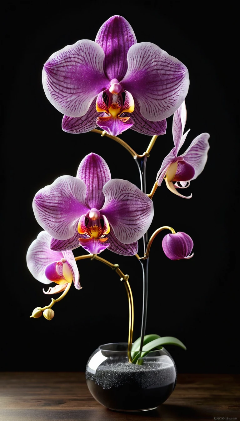 create the most breathtaking (32k masterpiece, best quality:1.2) photorealistic image, two orchid flowers (with long intertwined stems) hollow glass poured with liquid gold from the stem, gradient black background, diffusion of reflected light, organic,bioluminescent, energy, Alive, spectacular, ethereal, volumetric light, sub-surface Scattering, jeu de transparence