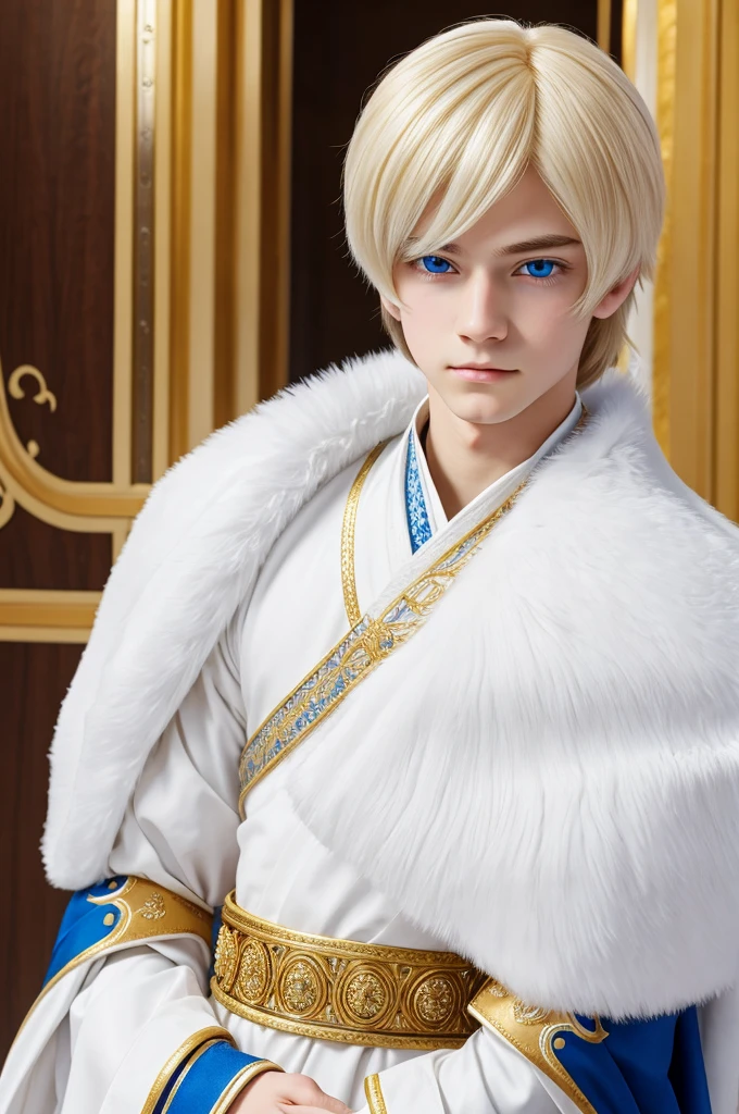 A shy boy with pure with hair, blue eyes, pure white eyelashes, white and gold royal clothing, anime style looking down