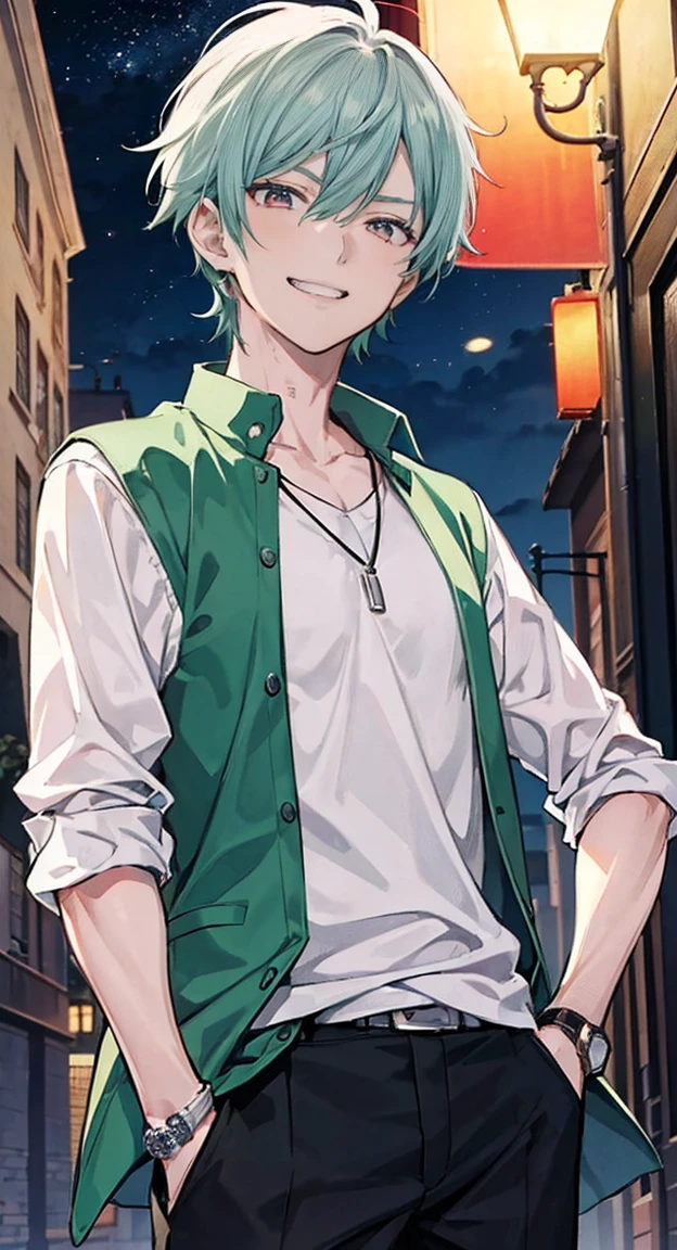 High resolution, High resolution,2D Anime Style,,Cool guy,Mature,,30th Generation,short hair,Silver-green hair,Red eyes,Beautiful Watches,Beautiful earrings,,Cool Fashion,He is laughing a little,night,walk,Put your hands in your pockets,
