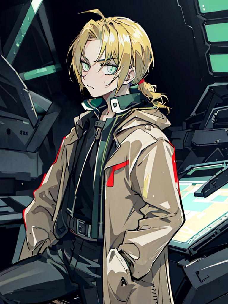 ((masterpiece_portrait)),(pixiv),(ligne_claire),(Cyberpunk),(2010s),(Macross),(Akira Kitamura),(Color Field),cowboy_shot,looking_at_viewer,looking_to_the_side,gray_background,tank_interior,1boys,Spain,soldier,pilot,muscular,pointed_face,
absurdly_short_hair,Blonde_hair,curly_hair,undercut,short_ponytail,green_eyes,glowing_pupils,flat_chest,short_hand,hands_in_pockets,sitting,leaning_back,joyful_face,biting,crossed_legs,white_shirtf,Black_suit_jacket,Black_capri_pants