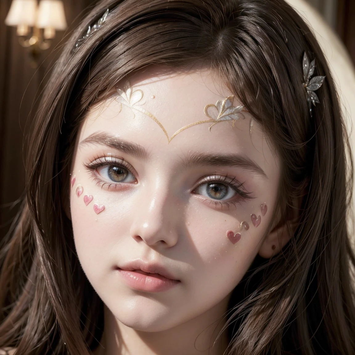 (masterpiece, best quality:1.5), ultra detailed, high resolution, 16k, the most beautiful face in the world, perfect face, delicate facial features, highly detailed beautiful face and eyes, shiny skin, highly detailed background, elaborately designed, fine cloth texture, BREAK, (gorgeous and stunning age princess in gorgeous and luxurious princess dress:1.2), perfect make-up, eyeshadow, lash extensions, rouge, deeply in love, full of elegance, (Heart-shaped face paint:1.4)
