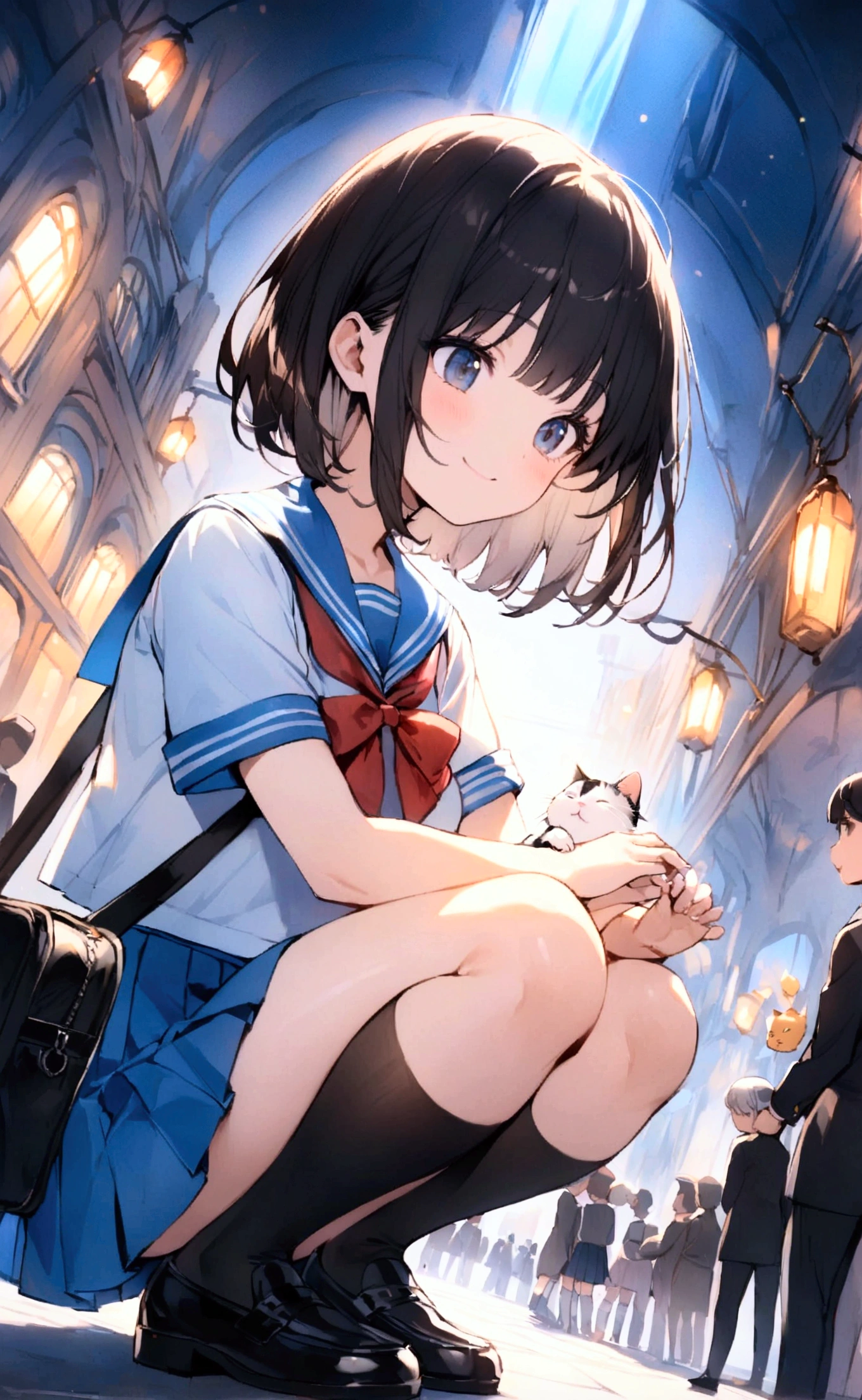 One Woman、1 kitten、crowd、Station platform、beautiful girl、Sailor suit、A gentle smile、Looking at the kitten、Pleated skirt、Hold a school bag with both hands、Age: 18、Bob Cut Hair, Highest quality, body type、Small 、Small ass、Black Hair,The train is coming、Black knee-high socks、Cowboy Shot、Ultra-fine images、Squatting down to fix shoelaces、Angle from directly below、Petting a cat