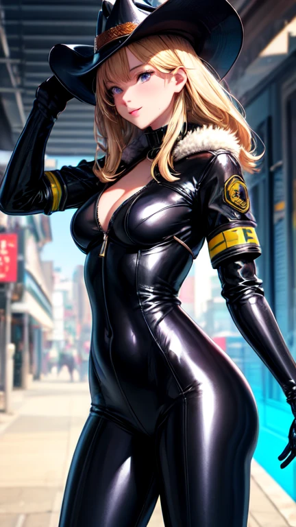 a cyber girl, with furry latex suit, technological armor, Trench coat, and cowboy hat.