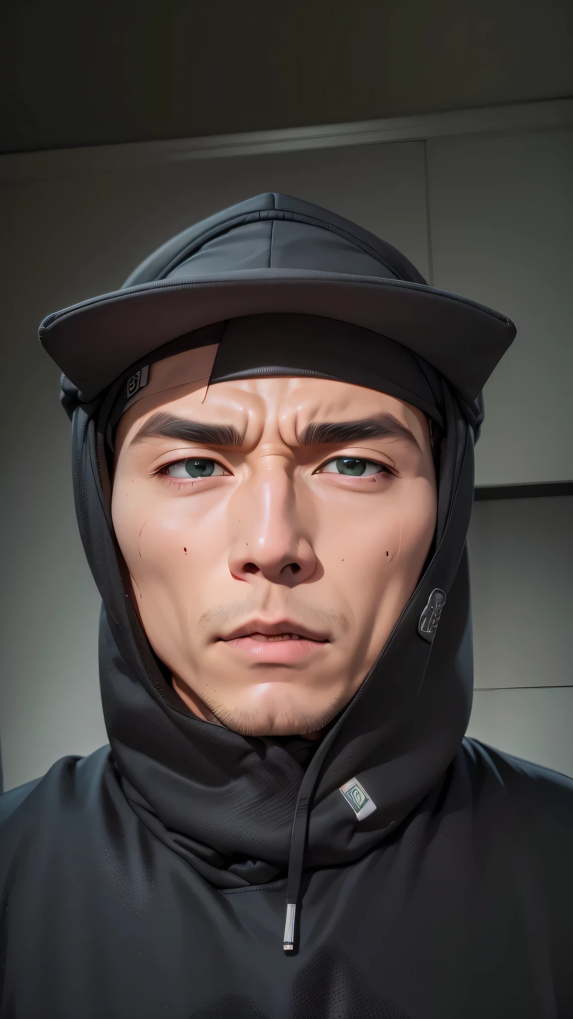 ((8k Resolution)) (( Uciha Obito)), 1boys, Asian face, Uciha Obito, uyu right rinengan, eye left sharingan, black Hoodie, green cap, Realistic, Ultra detail,