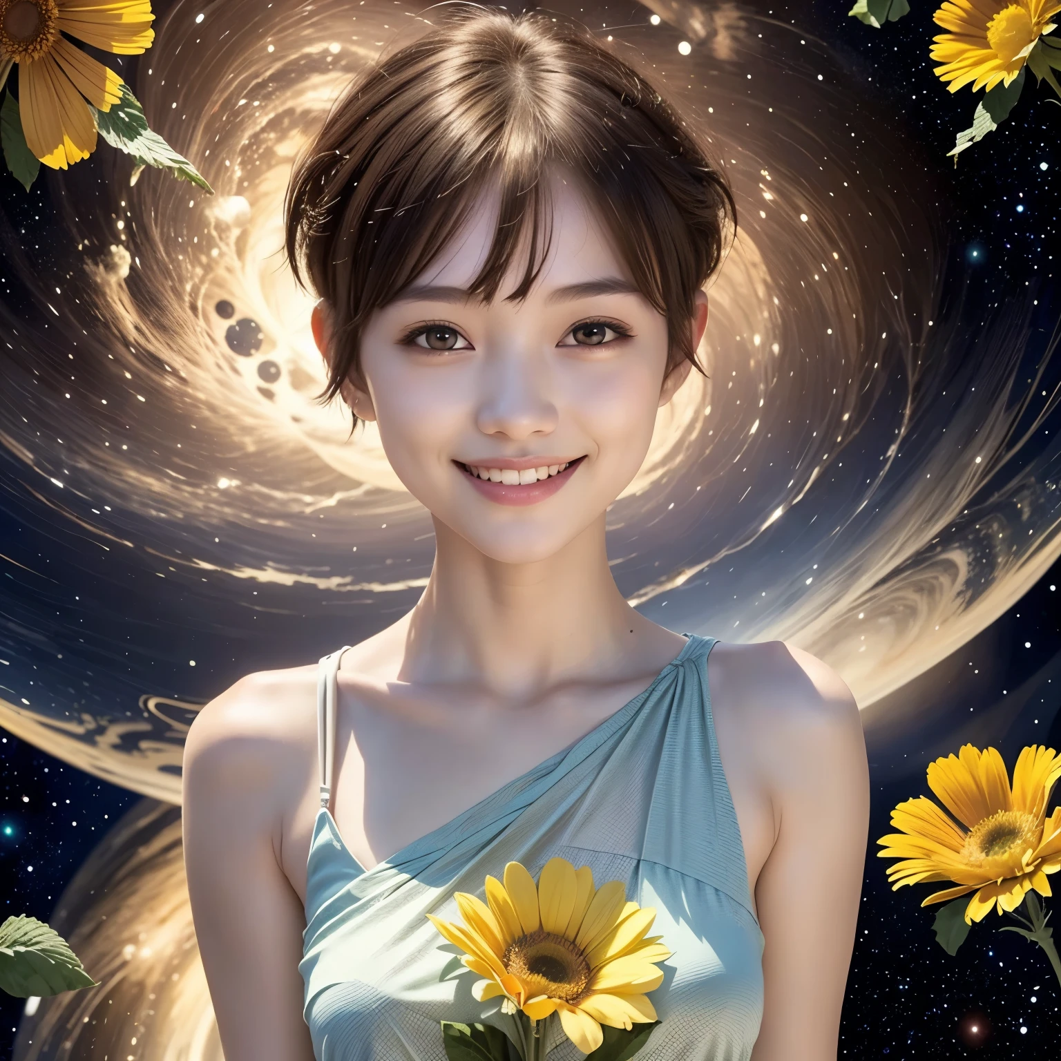 258 19-year-old female, (short hair),(Abstract background,universe), smile, flower