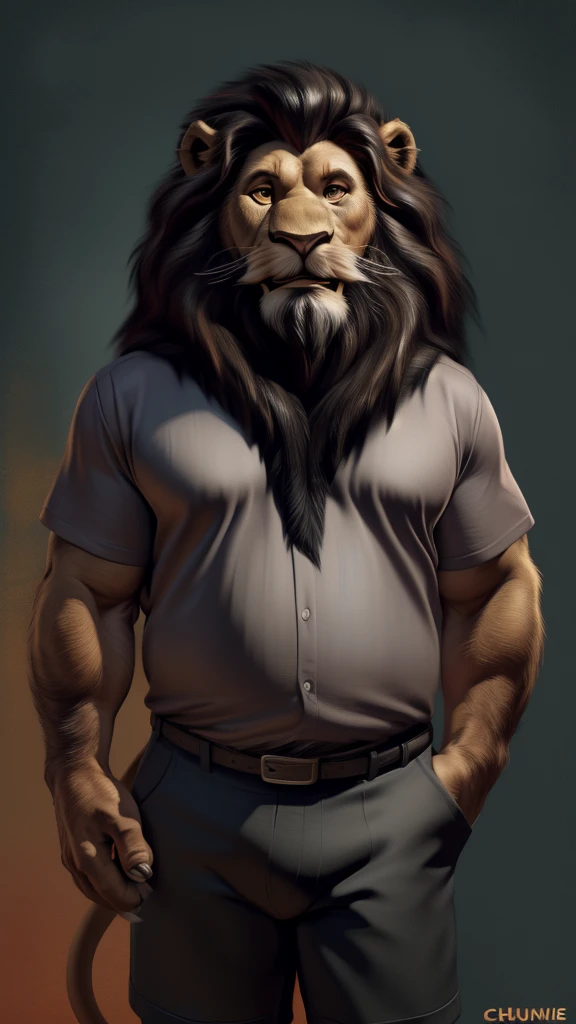 by chunie by catsudon by retros, male,ridiculuous,((middle aged male)),((Bearded)),((Mustache)), felid, solo, ((Lion,tail)),(Black hair), facial hair, facing viewer, ((Highly detailed face)), (((Grandpa Figure))), ((smilling)), red and orange abstract background, ((grey shirt)),((short pants)), smile, ((((wise)))),((DILF)),
