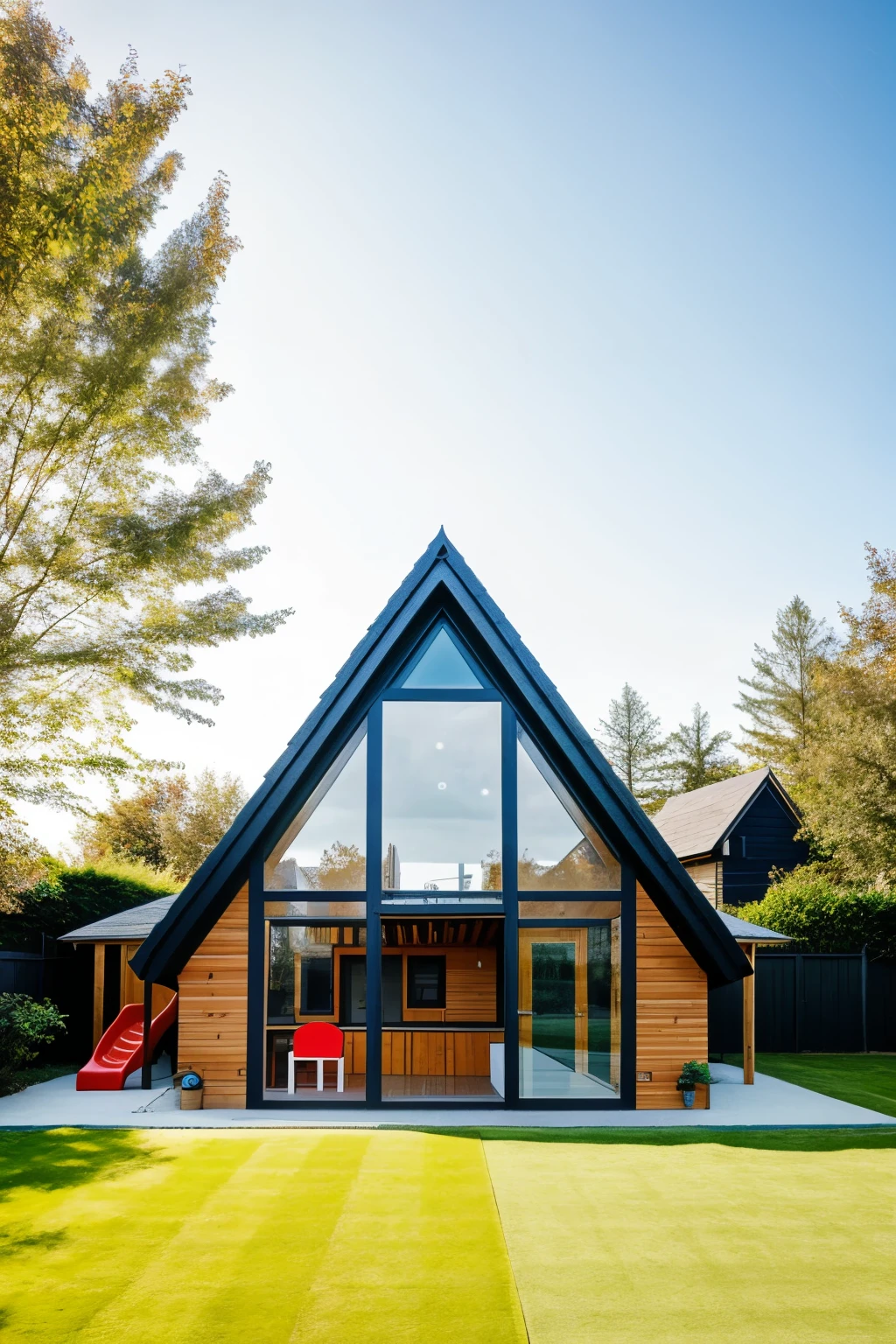 Draw a house with a triangular roof and open gable vents, with a playground in front.