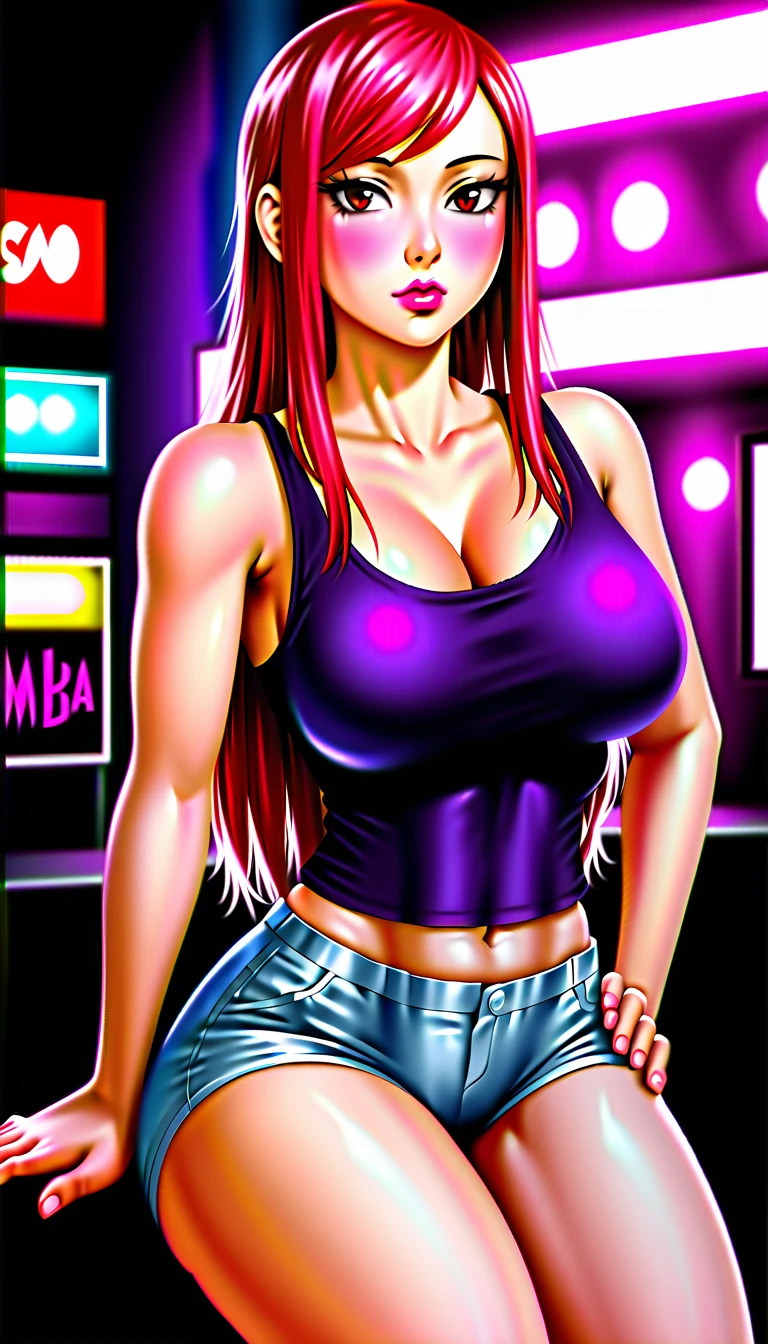 1girl, beautiful detailed eyes, beautiful detailed lips, extremely detailed eyes and face, long eyelashes, soft skin, pale skin, soft blush, red straight hair, tank top, bare shoulders, high-waisted shorts, looking at viewer, plump lips, beautiful red eyes, realistic background, nightclub, neon lights, (best quality,4k,8k,highres,masterpiece:1.2),(realistic,photorealistic,photo-realistic:1.37),vibrant colors,dramatic lighting,intricate details