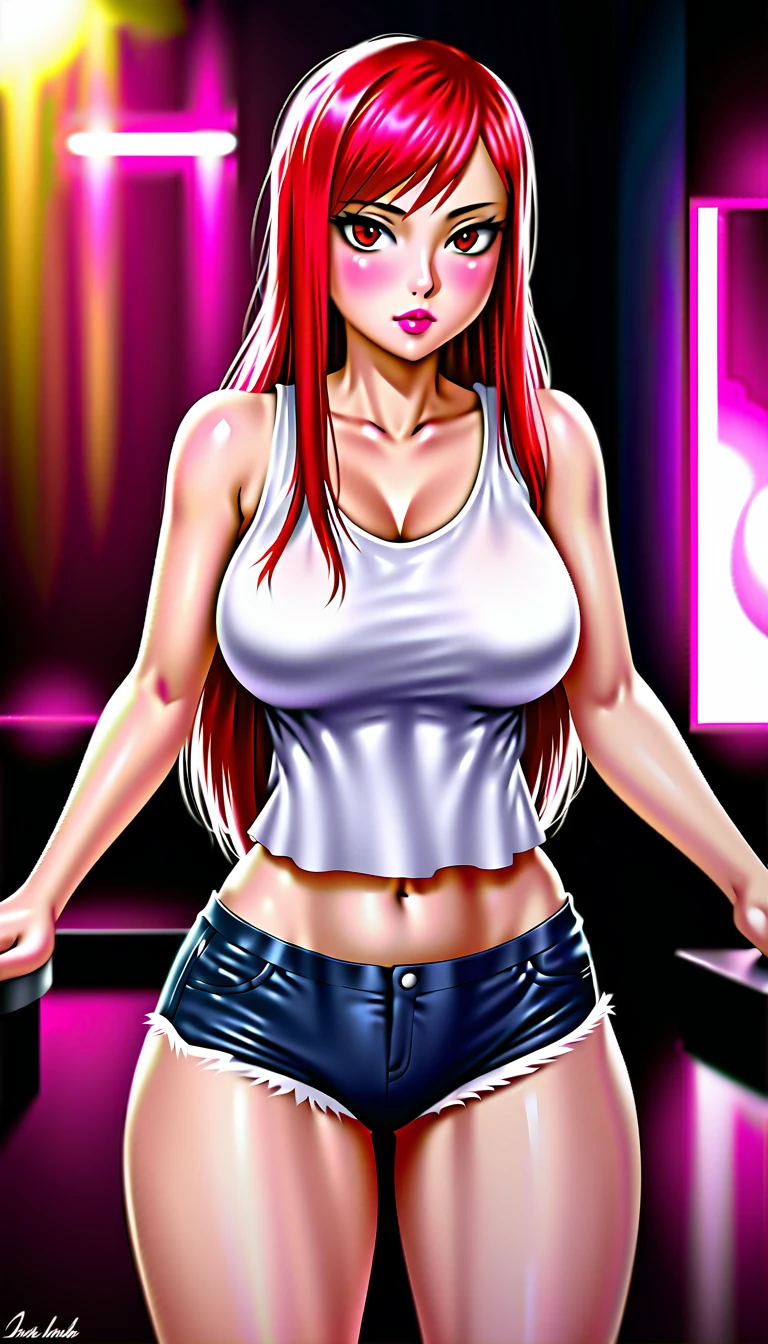 1girl, beautiful detailed eyes, beautiful detailed lips, extremely detailed eyes and face, long eyelashes, soft skin, pale skin, soft blush, red straight hair, tank top, bare shoulders, high-waisted shorts, looking at viewer, plump lips, beautiful red eyes, realistic background, nightclub, neon lights, (best quality,4k,8k,highres,masterpiece:1.2),(realistic,photorealistic,photo-realistic:1.37),vibrant colors,dramatic lighting,intricate details