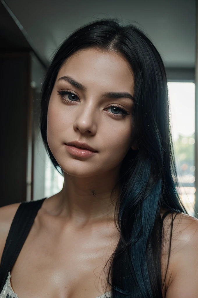 A girl with long blue hair. Her face is exquisite, with high cheekbones and smooth fair skin. Her large black eyes, framed by long thick eyelashes, are impressive and expressive, radiating calmness and confidence. Well-defined eyebrows curve gracefully above her eyes, adding intensity to her gaze. She has a small, straight nose and full, slightly parted lips that curve into a slight smile, revealing hints of mischief and allure. queen of harts. melancholic and morbid