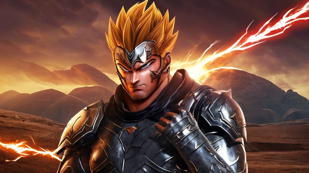 Appearance:

Hair: Kazar has spiky black hair, typical of Saiyans, but with red streaks that highlight his individuality. His hair seems to vibrate with energy, each strand vividly detailed.
Face: His face is angular and well-sculpted, with a strong chin and pronounced cheekbones. His eyes are a deep blue, glowing with determination and an inner fire. His thick eyebrows accentuate the intensity of his gaze.
Skin: His skin has a slightly tanned tone, indicating a life of training and battle under various alien suns. He has a vertical scar over his left eye, a reminder of a fierce battle.
Body: Kazar has a muscular and well-defined physique, a result of intense combat training. His muscles are prominent, with veins bulging in his arms and legs, showcasing his raw strength.
Clothing: He wears customized battle armor, black with silver and red accents. The armor is made of a resilient and flexible material, allowing full movement. The symbol of Kazar's clan is engraved on his chest, a stylized red dragon. His boots are made of a metallic material, shining in the light, and his gloves have reinforced knuckles.
Aura: A red and golden aura surrounds Kazar, pulsating with intense sparks of energy. The aura creates a fiery visual effect around him, demonstrating his immense power.
Setting:

Location: Kazar stands on a rocky plateau with panoramic views of an alien desert. Large rock formations and sand dunes surround the area, and in the distance, sandstorms can be seen forming.
Sky: The sky is a vibrant twilight, with two suns setting on the horizon, tinting the sky with shades of orange, purple, and red. Dark storm clouds add a dramatic touch to the scene.
Atmosphere: The environment is tense and charged with electricity. The wind blows forcefully, lifting dust and sand, creating whirlwinds around Kazar. The distant sound of thunder reverberates through the desert.