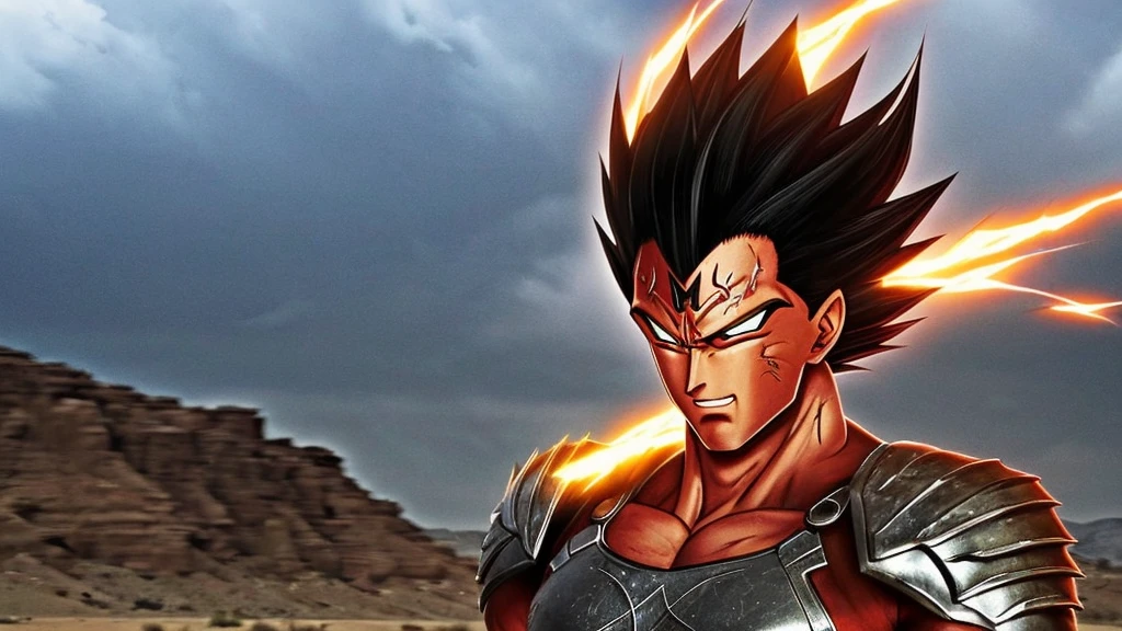 Appearance:

Hair: Kazar has spiky black hair, typical of Saiyans, but with red streaks that highlight his individuality. His hair seems to vibrate with energy, each strand vividly detailed.
Face: His face is angular and well-sculpted, with a strong chin and pronounced cheekbones. His eyes are a deep blue, glowing with determination and an inner fire. His thick eyebrows accentuate the intensity of his gaze.
Skin: His skin has a slightly tanned tone, indicating a life of training and battle under various alien suns. He has a vertical scar over his left eye, a reminder of a fierce battle.
Body: Kazar has a muscular and well-defined physique, a result of intense combat training. His muscles are prominent, with veins bulging in his arms and legs, showcasing his raw strength.
Clothing: He wears customized battle armor, black with silver and red accents. The armor is made of a resilient and flexible material, allowing full movement. The symbol of Kazar's clan is engraved on his chest, a stylized red dragon. His boots are made of a metallic material, shining in the light, and his gloves have reinforced knuckles.
Aura: A red and golden aura surrounds Kazar, pulsating with intense sparks of energy. The aura creates a fiery visual effect around him, demonstrating his immense power.
Setting:

Location: Kazar stands on a rocky plateau with panoramic views of an alien desert. Large rock formations and sand dunes surround the area, and in the distance, sandstorms can be seen forming.
Sky: The sky is a vibrant twilight, with two suns setting on the horizon, tinting the sky with shades of orange, purple, and red. Dark storm clouds add a dramatic touch to the scene.
Atmosphere: The environment is tense and charged with electricity. The wind blows forcefully, lifting dust and sand, creating whirlwinds around Kazar. The distant sound of thunder reverberates through the desert.