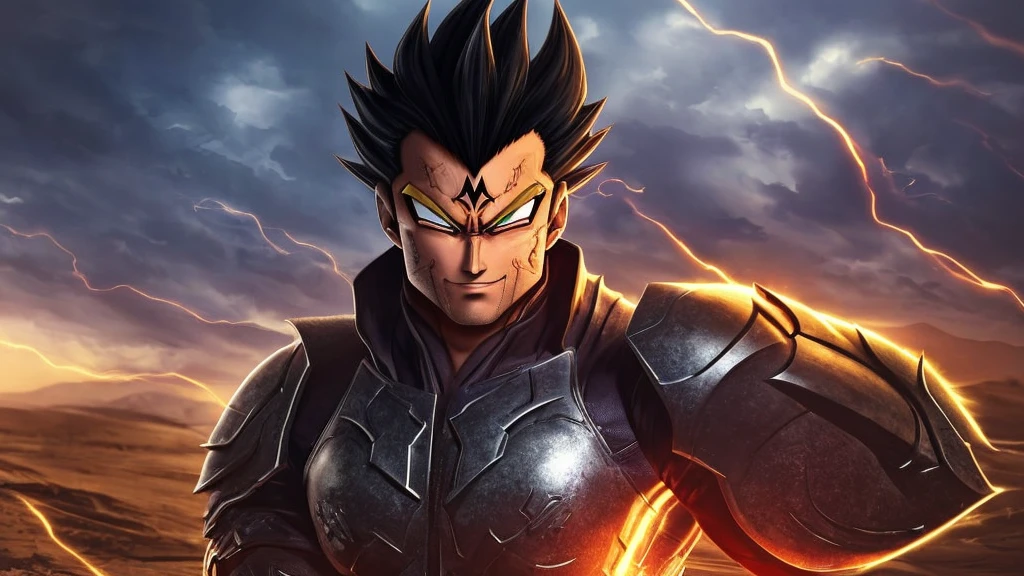 Appearance:

Hair: Kazar has spiky black hair, typical of Saiyans, but with red streaks that highlight his individuality. His hair seems to vibrate with energy, each strand vividly detailed.
Face: His face is angular and well-sculpted, with a strong chin and pronounced cheekbones. His eyes are a deep blue, glowing with determination and an inner fire. His thick eyebrows accentuate the intensity of his gaze.
Skin: His skin has a slightly tanned tone, indicating a life of training and battle under various alien suns. He has a vertical scar over his left eye, a reminder of a fierce battle.
Body: Kazar has a muscular and well-defined physique, a result of intense combat training. His muscles are prominent, with veins bulging in his arms and legs, showcasing his raw strength.
Clothing: He wears customized battle armor, black with silver and red accents. The armor is made of a resilient and flexible material, allowing full movement. The symbol of Kazar's clan is engraved on his chest, a stylized red dragon. His boots are made of a metallic material, shining in the light, and his gloves have reinforced knuckles.
Aura: A red and golden aura surrounds Kazar, pulsating with intense sparks of energy. The aura creates a fiery visual effect around him, demonstrating his immense power.
Setting:

Location: Kazar stands on a rocky plateau with panoramic views of an alien desert. Large rock formations and sand dunes surround the area, and in the distance, sandstorms can be seen forming.
Sky: The sky is a vibrant twilight, with two suns setting on the horizon, tinting the sky with shades of orange, purple, and red. Dark storm clouds add a dramatic touch to the scene.
Atmosphere: The environment is tense and charged with electricity. The wind blows forcefully, lifting dust and sand, creating whirlwinds around Kazar. The distant sound of thunder reverberates through the desert.