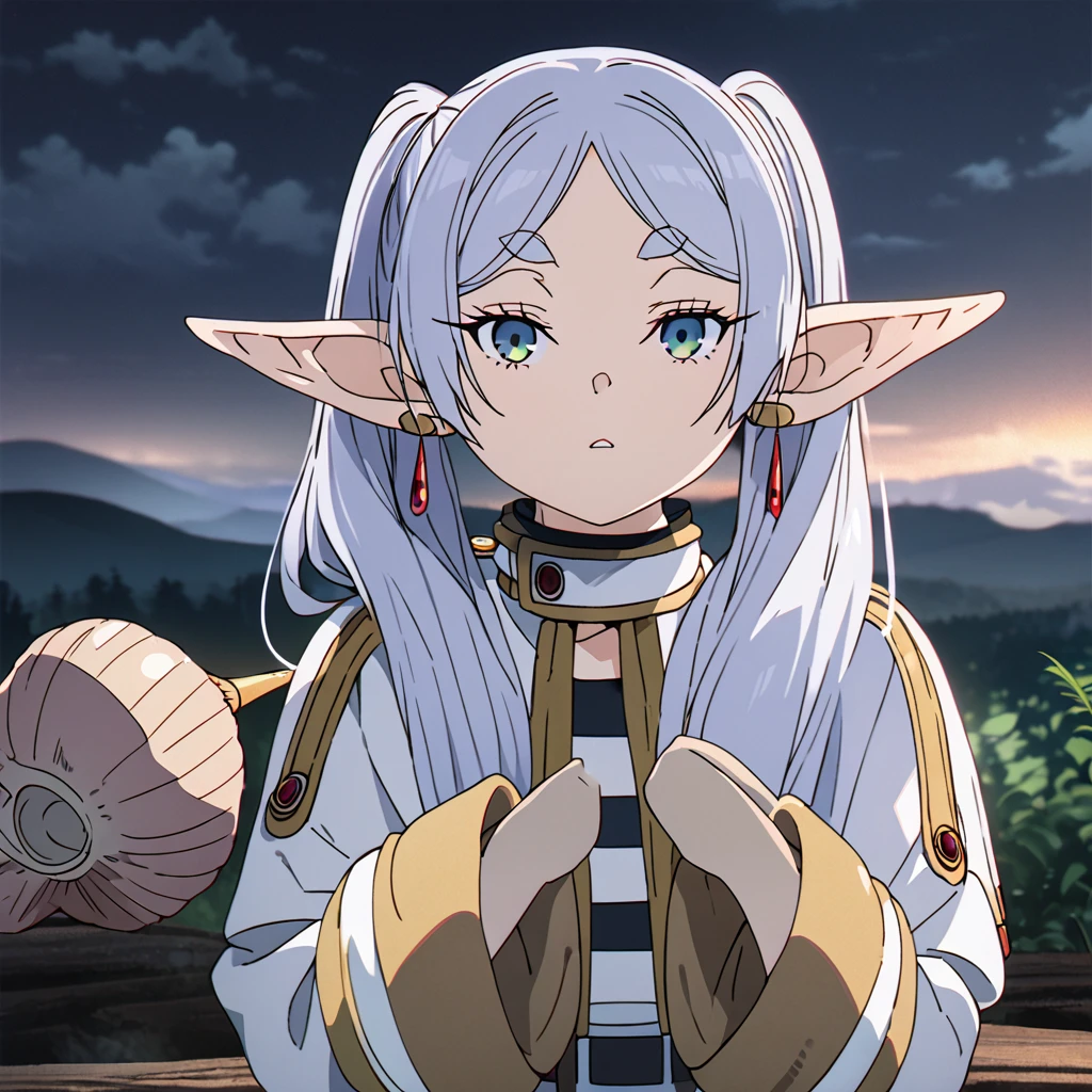 masterpiece, best quality, 4k、2D illustration, one beautiful girl, solo, frieren, pointy ears, elf, earrings, twintails, parted bangs, grey hair, thick eyebrows、((Serious Situations))、((serious face))、speaking something, ((long beautiful hair)), , standing, beautifully detailed eyes、((looking at viewer)), ((a conch shell (trumpet shell) in her hand)), ((sousou_no_frieren))、((close up shot))、((wilderness background))、((night))、((cloudy sky))、 