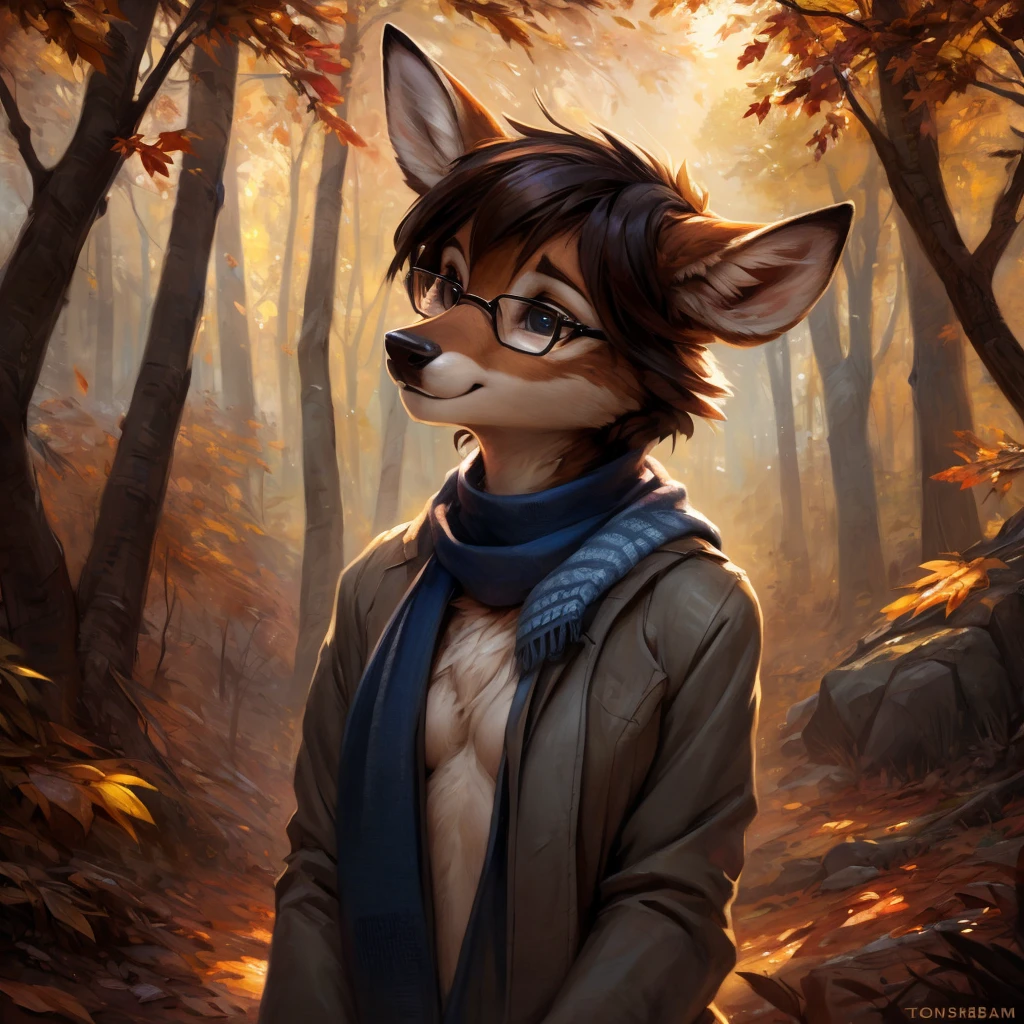 uploaded on e621, artstation, by Pixelsketcher, by Bayard Wu, by Thomas Benjamin Kennington , by Einshelm, by hioshiru and kenket, Chunie, portrait, solo anthro female deer doe, tiny featureless breasts, tiny breasts, clear dark blue, cinematic lighting, forest background, autumn background, waving autumn leaves background, shiny, shoulder length curly dark brown hair, wears big black nerd glasses, very very beautiful furry art, furry art, thoughtful, shiny, feminine, cute face, muzzle, fluffy chest, flawless face, Fallow deer, 1girl, Sakimichan is beautiful, Masterpiece, Wavethesallow Face, shiny, Detailed image, Detailed background, Detailed image, wears gray cozy autumn coat, wears black cozy scarf around neck, shiny, realistic face, perfect anatomy, hourglass body, anthropomorphic deer, happy, very happy, small ears, huge black nerd glasses, hourglass body, (furry body:1.1), anthropomorphic deer, detailed background, (cute anatomy:1.1)