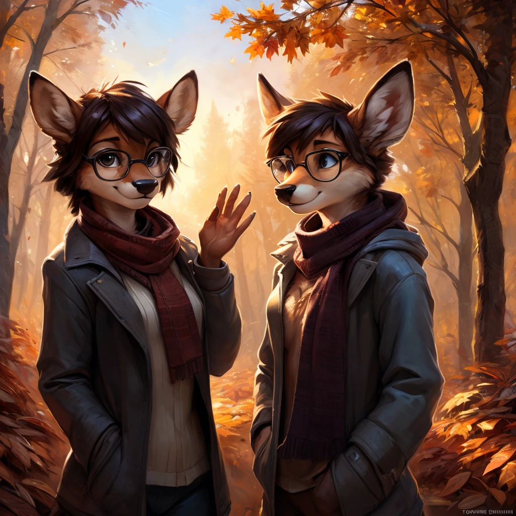 uploaded on e621, artstation, by Pixelsketcher, by Bayard Wu, by Thomas Benjamin Kennington , by Einshelm, by hioshiru and kenket, Chunie, portrait, solo anthro female deer doe, tiny featureless breasts, tiny breasts, clear dark blue, cinematic lighting, forest background, autumn background, waving autumn leaves background, shiny, shoulder length curly dark brown hair, wears big black nerd glasses, very very beautiful furry art, furry art, thoughtful, shiny, feminine, cute face, muzzle, fluffy chest, flawless face, Fallow deer, 1girl, Sakimichan is beautiful, Masterpiece, Wavethesallow Face, shiny, Detailed image, Detailed background, Detailed image, wears gray cozy autumn coat, wears black cozy scarf around neck, shiny, realistic face, perfect anatomy, hourglass body, anthropomorphic deer, happy, very happy, small ears, huge black nerd glasses, hourglass body, (furry body:1.1), anthropomorphic deer, detailed background, (cute anatomy:1.1)