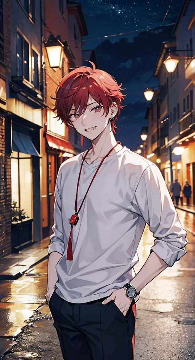 High resolution, High resolution,2D Anime Style,,Cool guy,Mature,,30th Generation,short hair,Silver-red hair,Red eyes,Beautiful Watches,Beautiful earrings,,Cool Fashion,He is laughing a little,night,walk,Put your hands in your pockets,