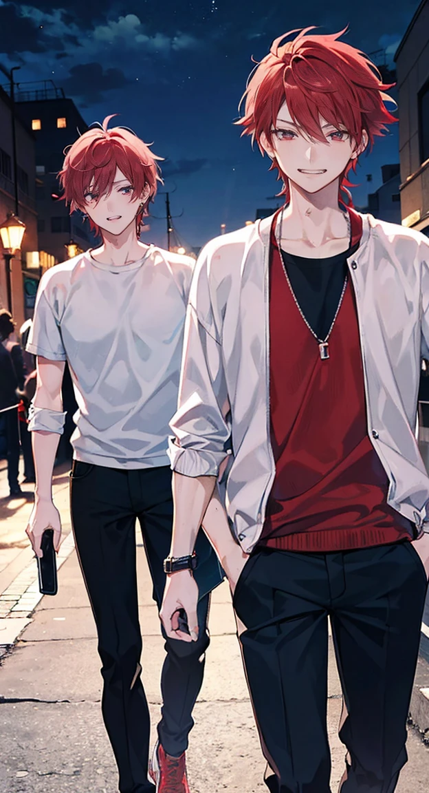 High resolution, High resolution,2D Anime Style,,Cool guy,Mature,,30th Generation,short hair,Silver-red hair,Red eyes,Beautiful Watches,Beautiful earrings,,Cool Fashion,He is laughing a little,night,walk,Put your hands in your pockets,