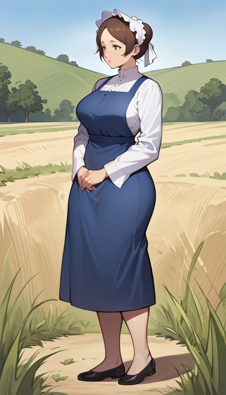 adult amish woman, 40 years old, pale skin, long sleeved blue dress, small black apron over her blue dress, full body shown, very short brown hair in a conservative sleek bun, white bonnet kapp, wide hips, thick thighs, wearing simple black flats, thick legs, slightly below the knee dress, slight face wrinkles, tight sleeves, standing upright in a farm field, no makeup, round face, hands on lap, side view, aged face, busty