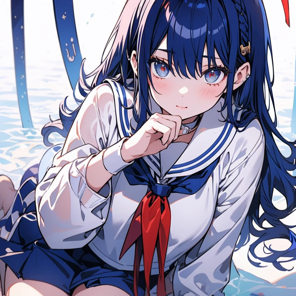 masutepiece++, Best Quality++, ultra-definition++, ultra-definition++, rey tracing, 4K or more++, 8K or more++, Slight details, (Background Focus )++,Young woman with golden laurel wreath, (((Ultramarine hair))), (((White dip dyed hair))), (((red streaked hair))),sailor,Sailor collar,White shirt, skirt by the,anchor,