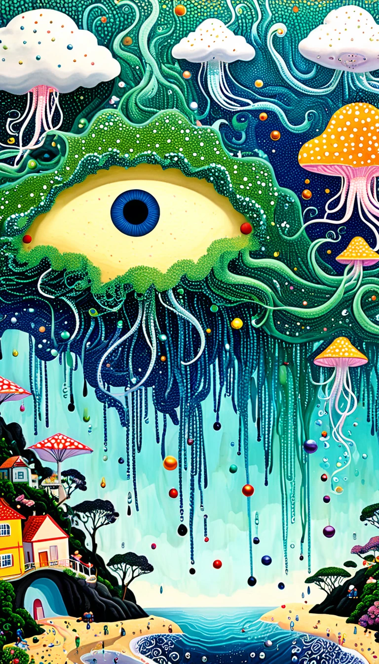 Strong visual fusion of multiple elements，Broto，来自Star的艺术家，house、Eye、Bead curtains、pearl、Star、cloud、Spore powder、Ocean、rain、Tentacles，Describing the inner world of autistic people，密集Pointillism method。Smooth lines。interesting，Strange illustration。Pointillism method。Strong contrast。Award-winning works。