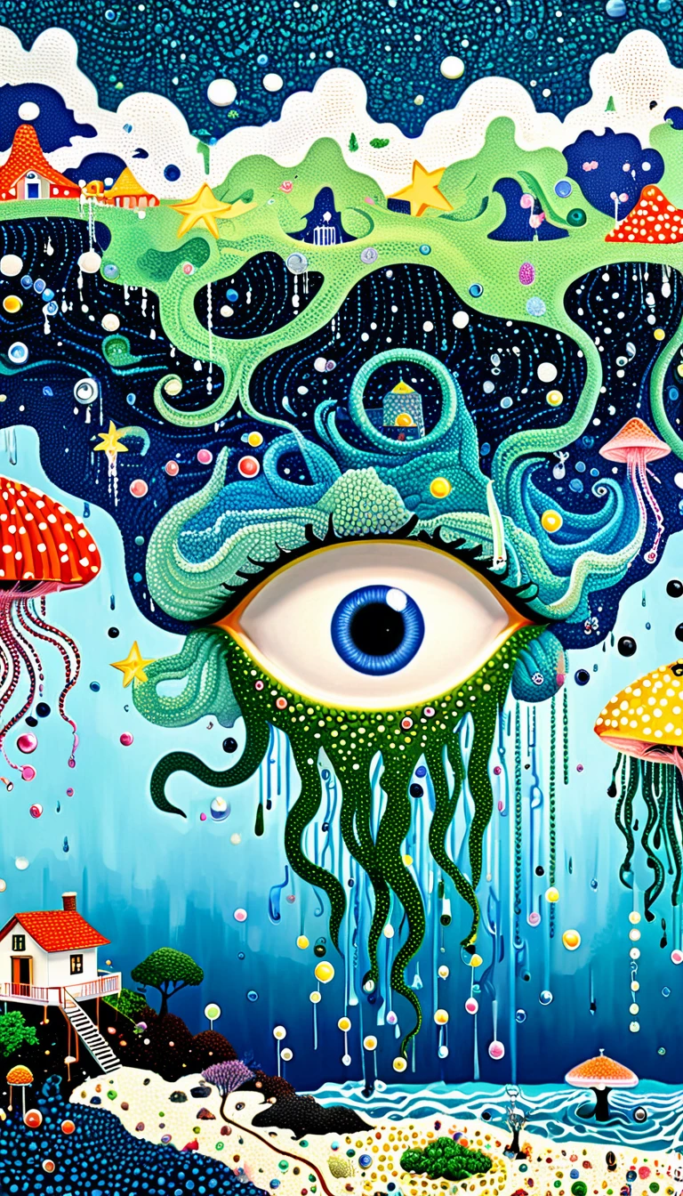Strong visual fusion of multiple elements,Broto,来自Star的艺术家,house、Eye、Bead curtains、pearl、Star、cloud、Spore powder、Ocean、rain、Tentacles,Describing the inner world of autistic people,密集Pointillism method。Smooth lines。interesting,Strange illustration。Pointillism method。Strong contrast。Award-winning works。