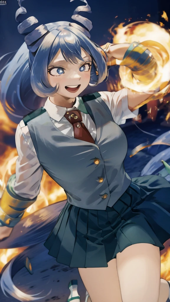 ((absurdres)), (((best Quality))), ((ultra detailed)), ((illustration)), full resolution, hdr, 8k, 16k, (Masterpiece, Best quality:1.4), (Beautiful, Aesthetic, Perfect, Intricate:1.2), (ultra resolution:1.2), (ultra detailed), 1girl, nejire hado, periwinkle hair, drill hair, hair horns, bangs, blue eyes, white shirt, BREAK, seifuku, uniform, grey vest, green skirt, red tie, red necktie, ((upper body)), studio lighting, (((medium breasts))), ((happy)) 